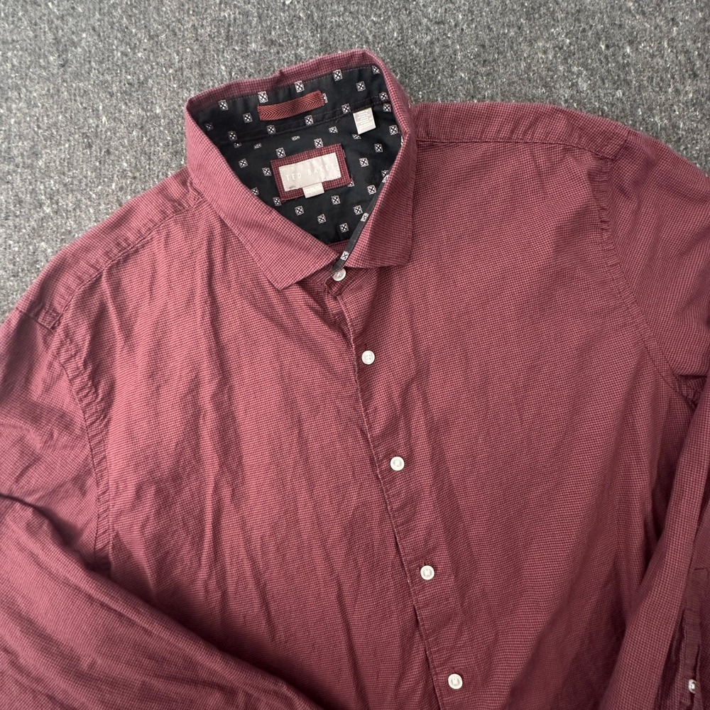 Ted Baker Button Up Shirt Men XXL Burgundy Micro Houndstooth Long Sleeve Cotton
